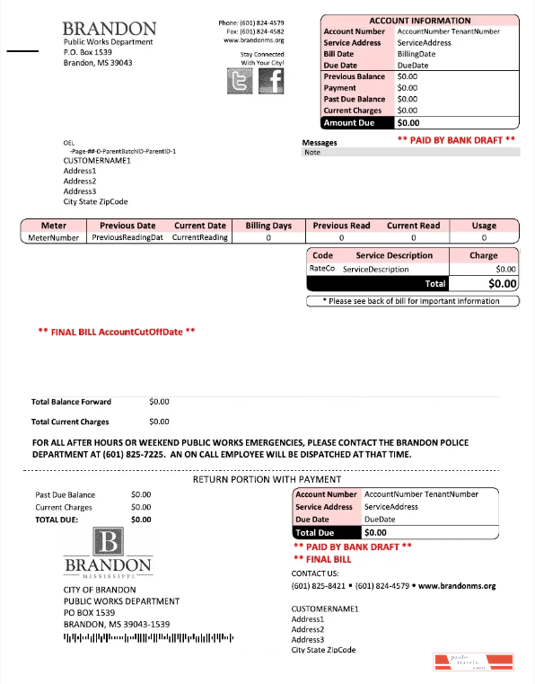 USA BRANDON MISSISSIPPI utility bill Word and PDF template